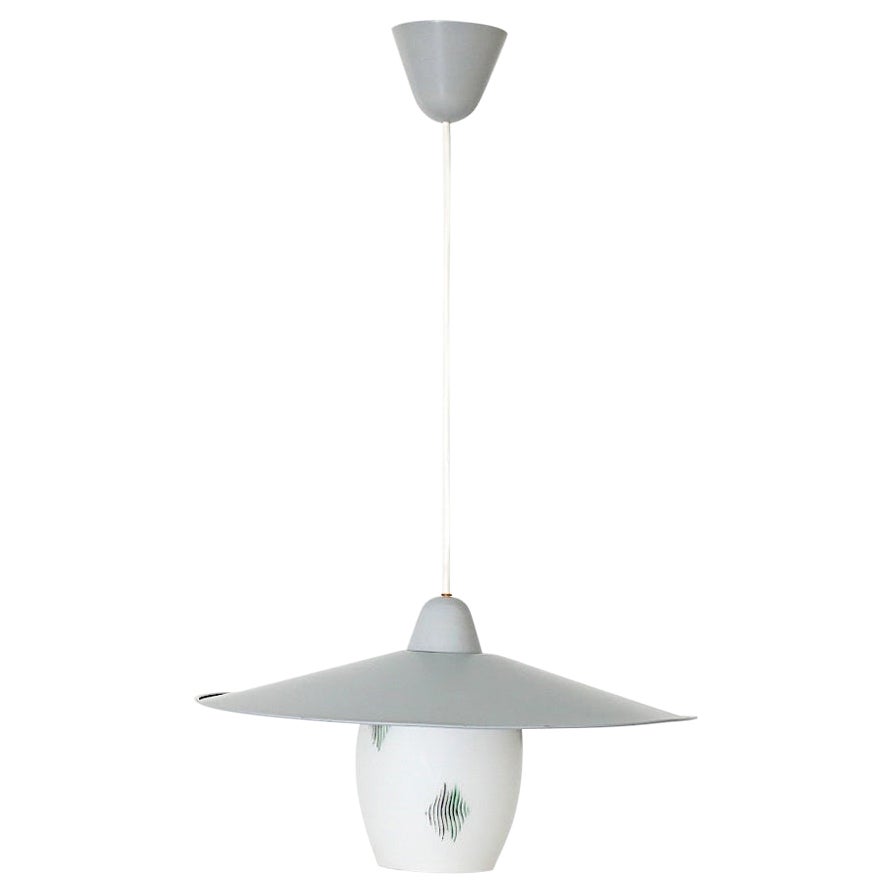 Philips Attributed Ceiling Pendant with Printed Milk Glass Shade & Gray Canopy