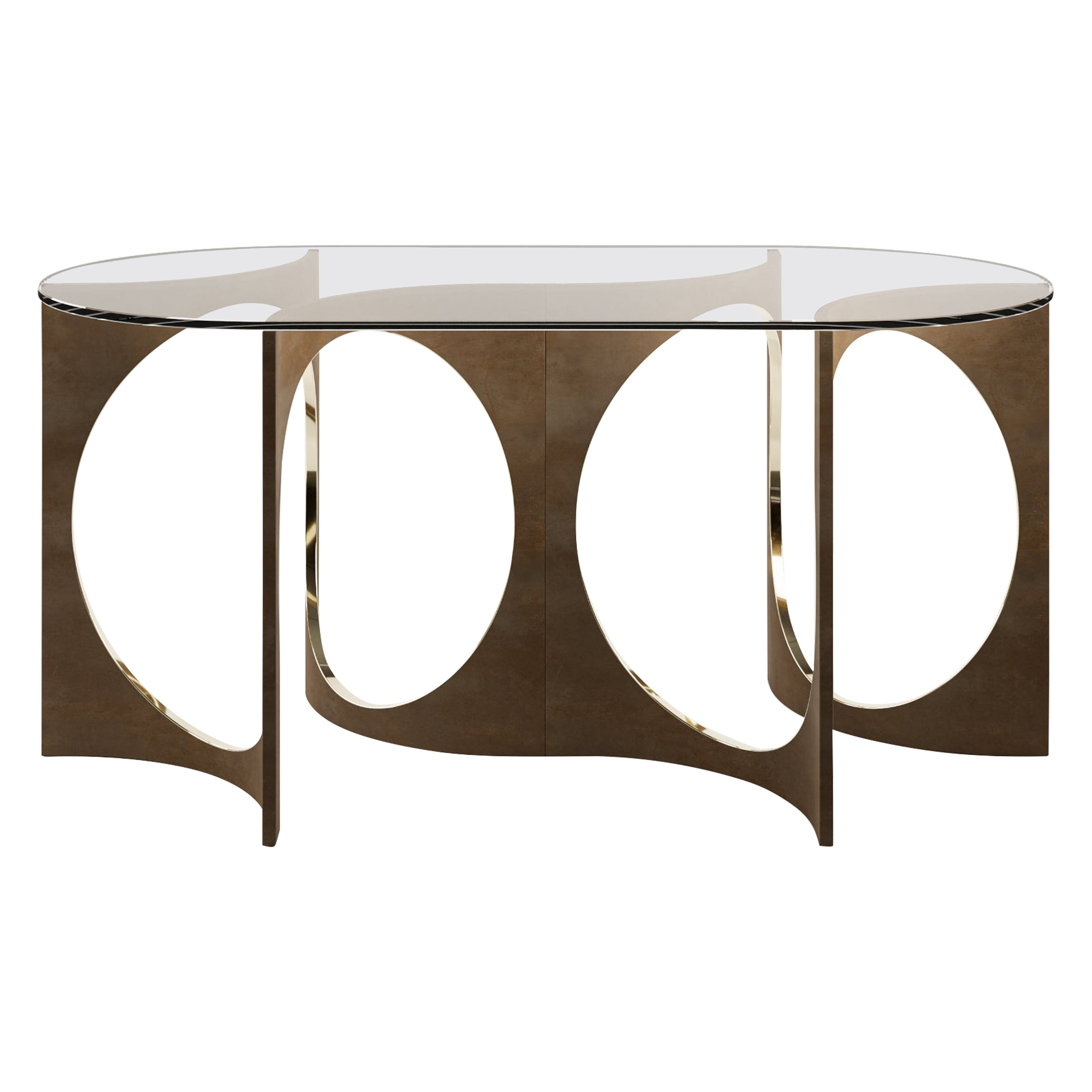Console Ellipse Patina Fuga avec dessus en verre par Metamorphic Art Studio