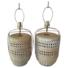 Vintage Large Pair Woven Rattan Wicker Basket Table Lamps Newly Wired