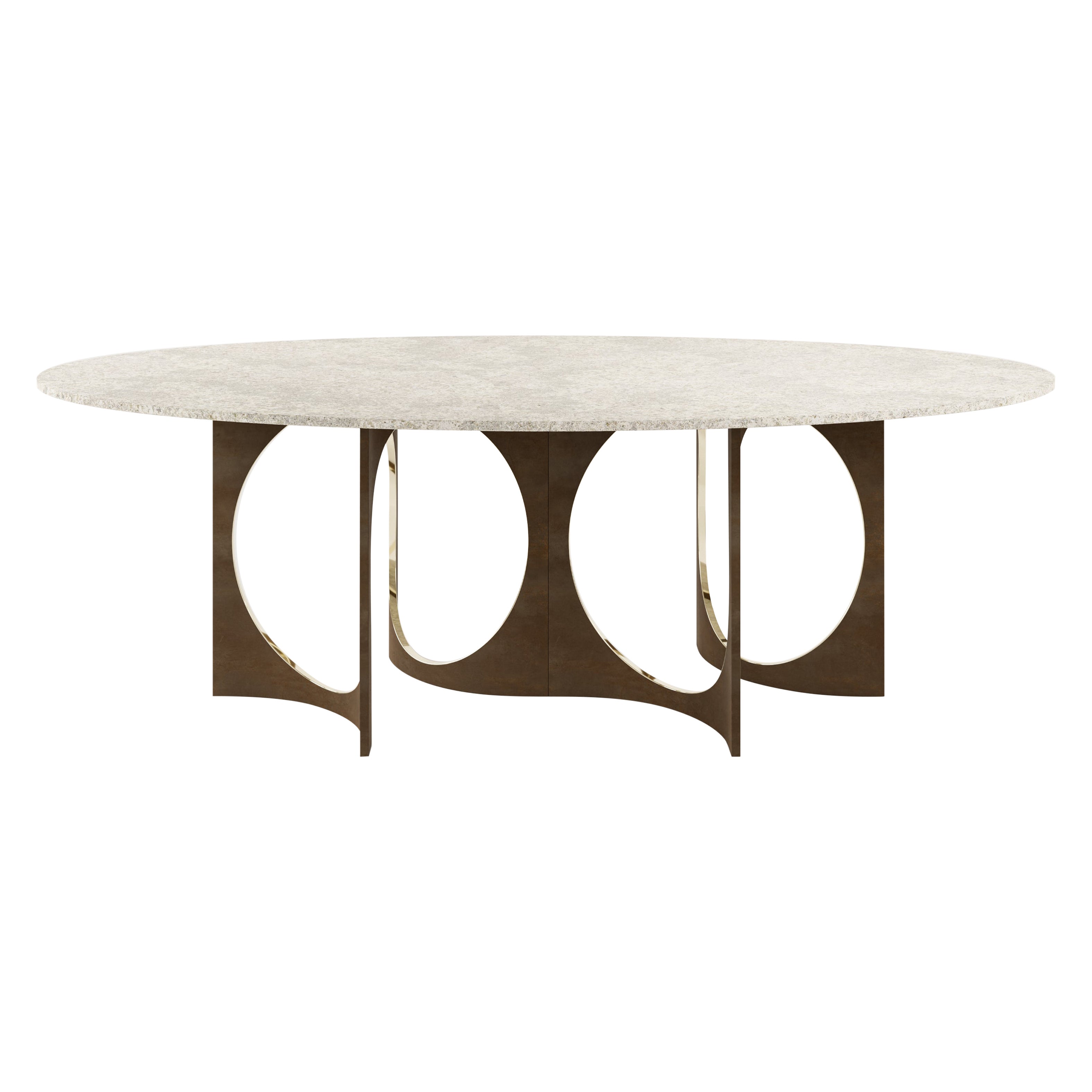 Ellipse Patina Fuga Duo Dining Table with Stone Top by Metamorphic Art Studio