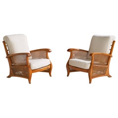 Designer français, fauteuils de salon, chêne, canne, tissu, France, années 1940