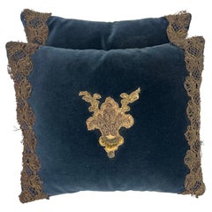 Pair of Custom Blue Velvet Appliqued Pillows