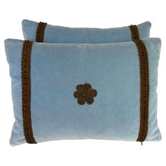 Pair of Custom Blue Velvet Appliqued Pillows by MLA