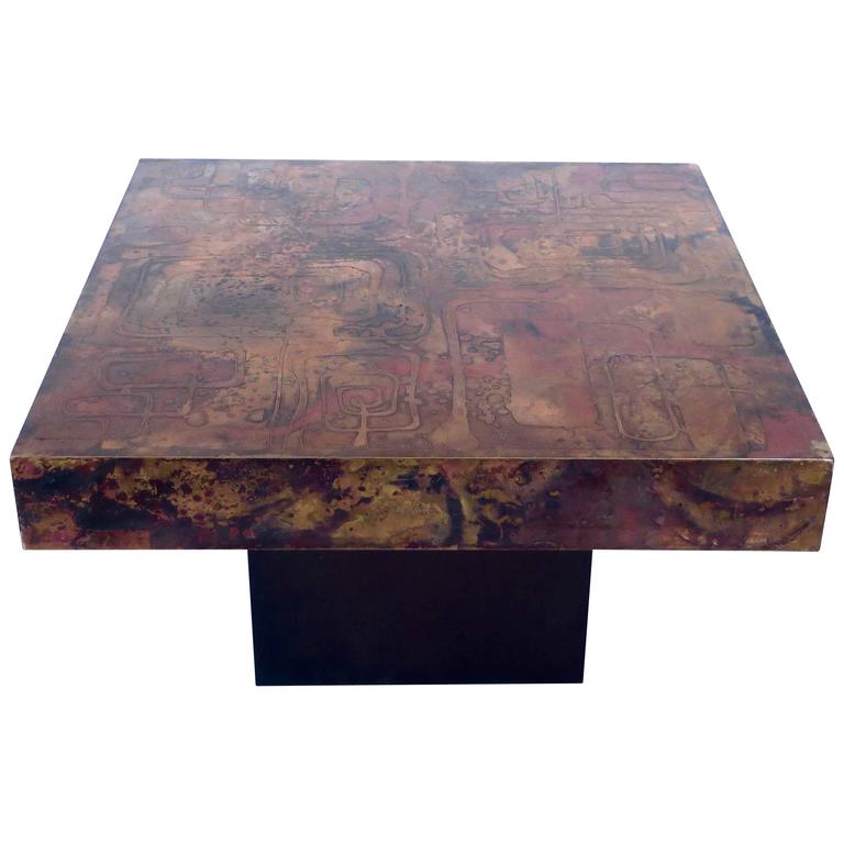 Poolkes Signed Belgian Coffee Or Side Table With Etched Patinated Copper Top - Copper Coffee Table Poolkes Signed Belgian Coffee Or Side Table With Etched Patinated Copper Top - Copper Coffee Table