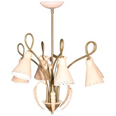 Mid-Century Modern Brass and Pink Painted Metal Chandelier
