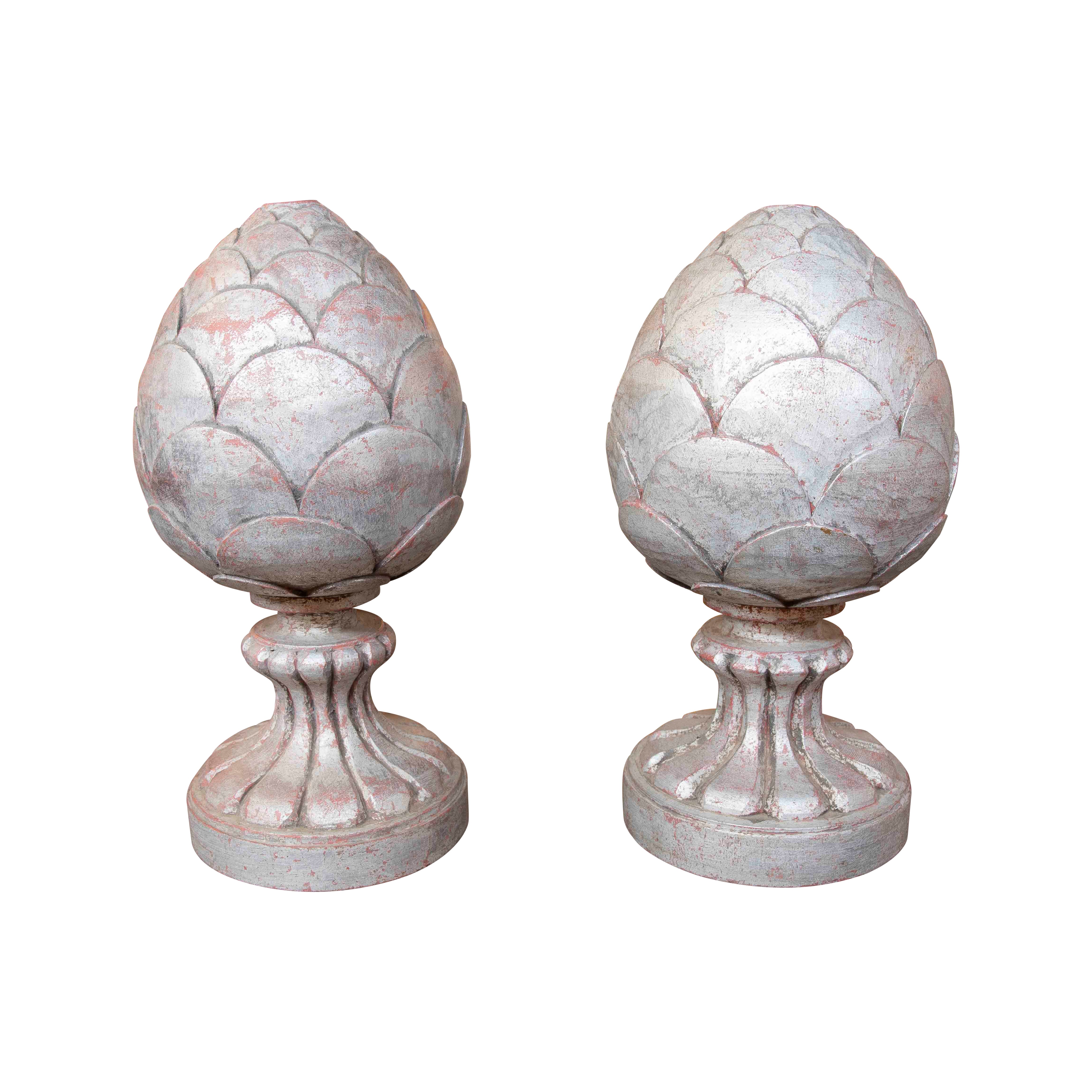 1970s Pair of Hand Carved Wooden Pineapple Finials with Silver Color Finish