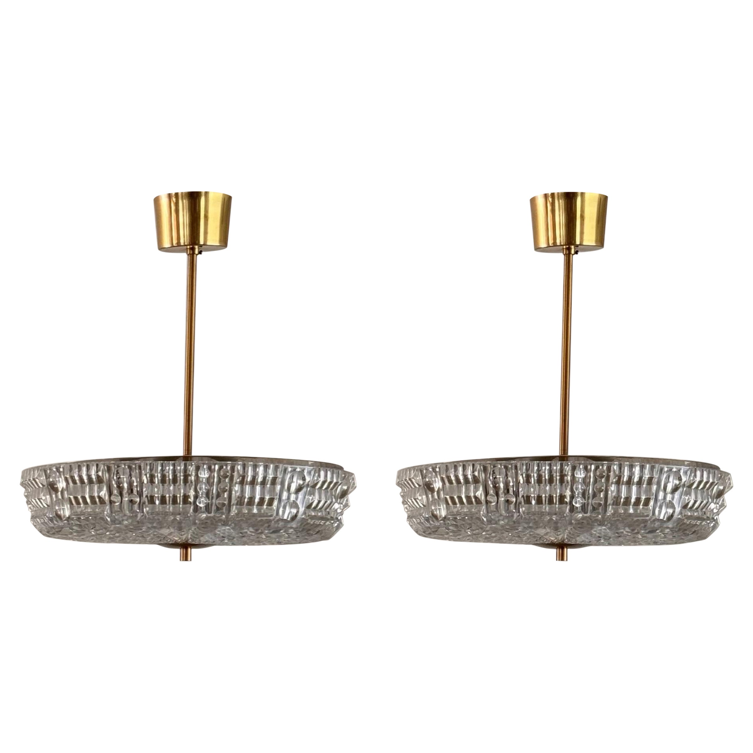 Orrefors Brass and Crystal Ceiling Lamps by Carl Fagerlund, Sweden, 1960s