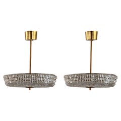 Orrefors Brass and Crystal Ceiling Lamps by Carl Fagerlund, Sweden, 1960s