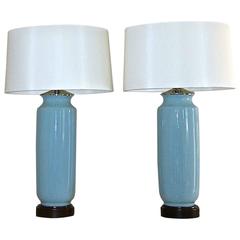 Pair of Custom Pale Blue Ceramic Lamps 