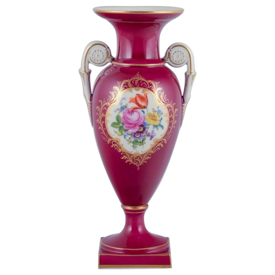 Meissen, porcelain vase with two handles. Burgundy decoration.