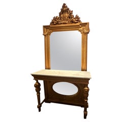 19th Century Austrian Gilt Wood Hand Carved Mirror with Console Table