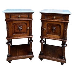 Pair Antique French End Table Cabinet White Marble Regency Carved Oak Nightstand