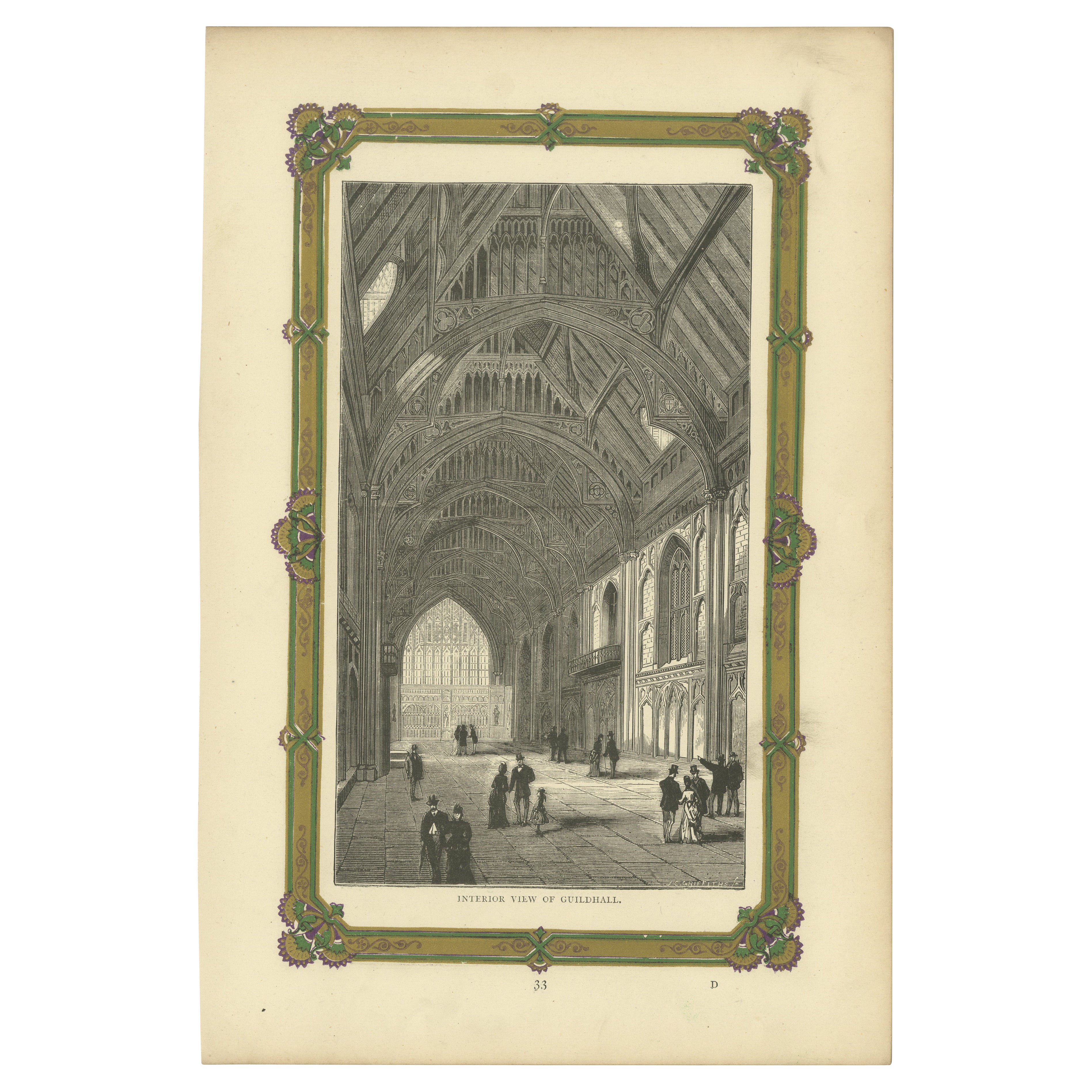 Engraved Interior of Guildhall: A Detailed Depiction of London's Ceremonial Hall