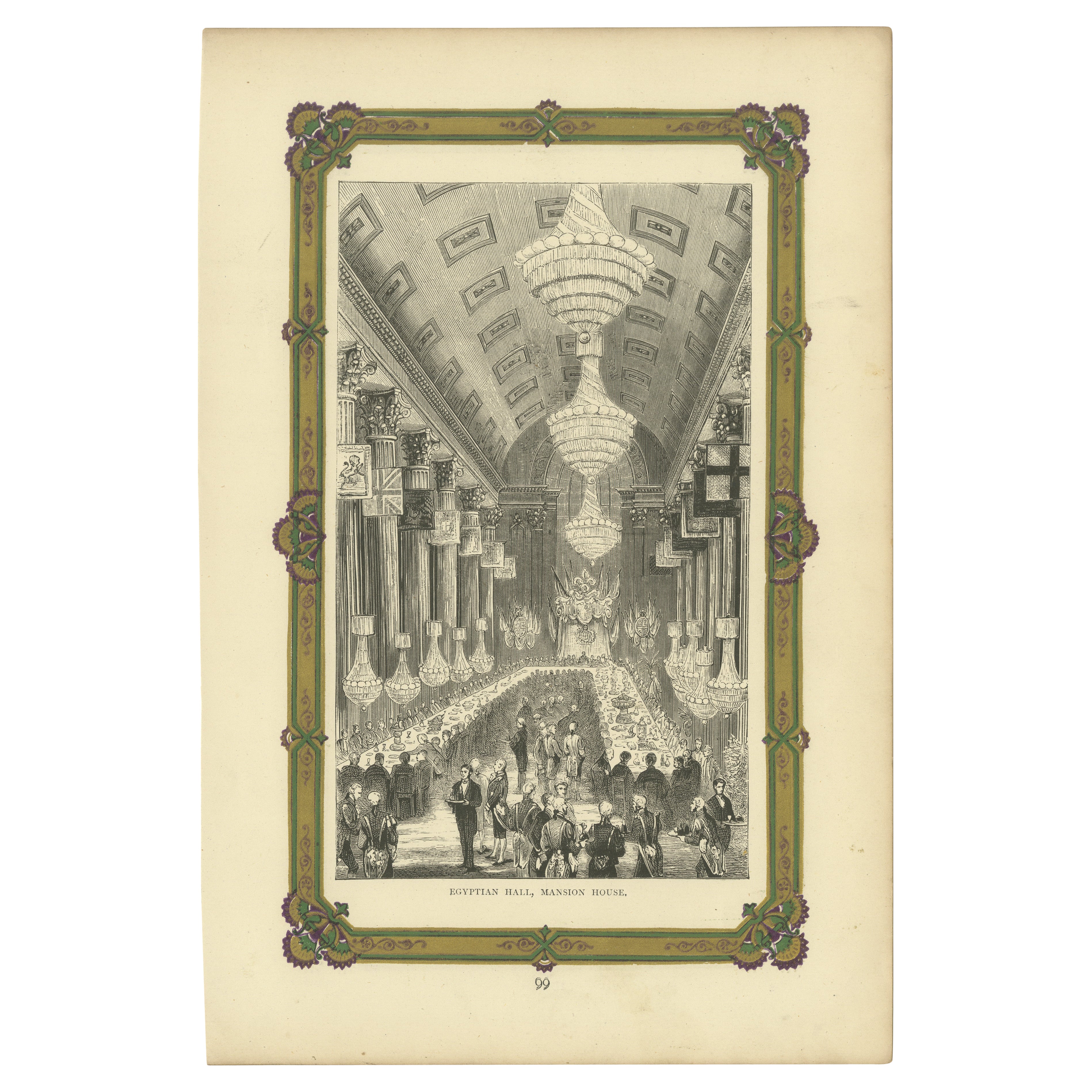 Grabado Interior del Salón Egipcio, Mansion House: Escena de un banquete victoriano