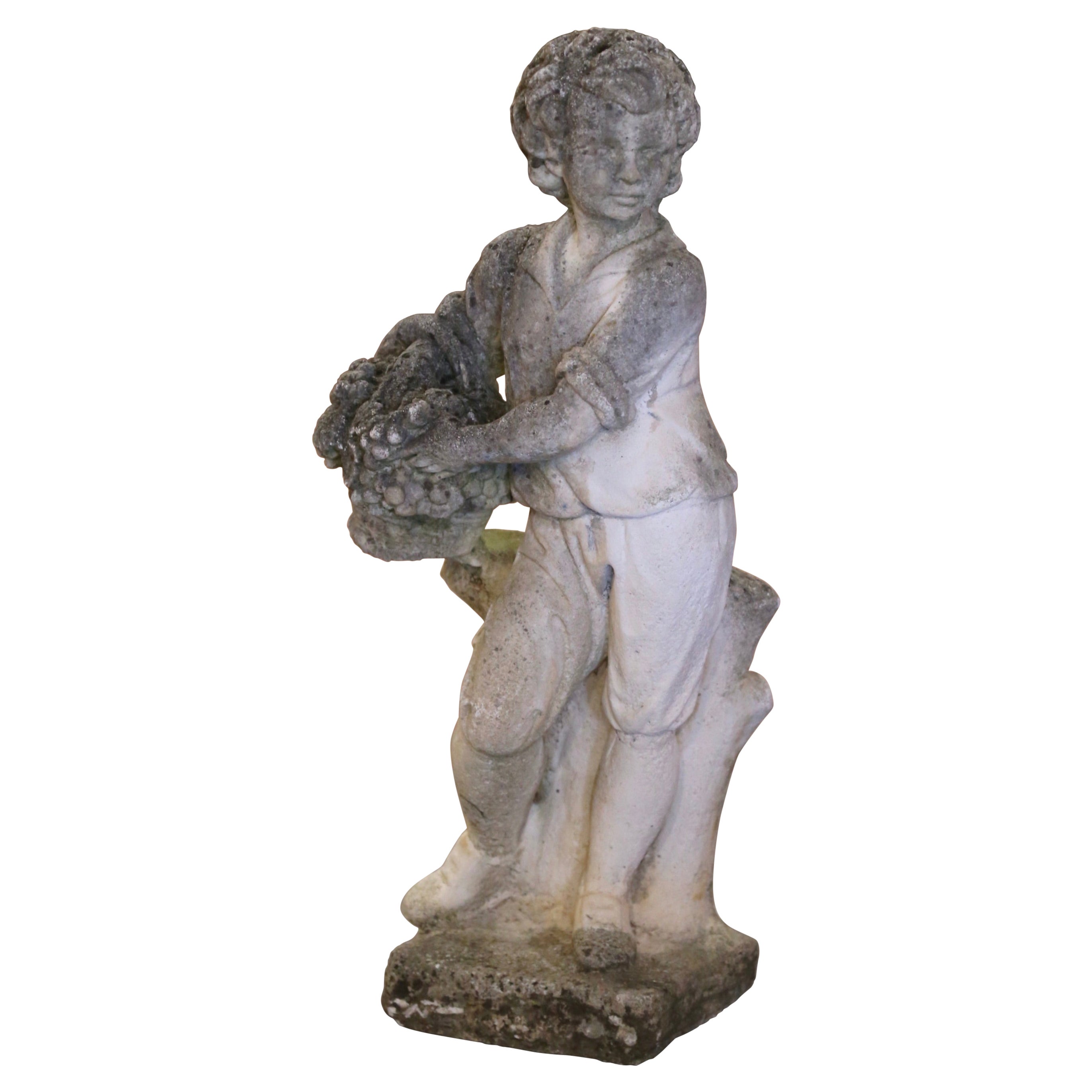 Early 20th Century French Stone Garden Statue of Young Boy Holding Grapes