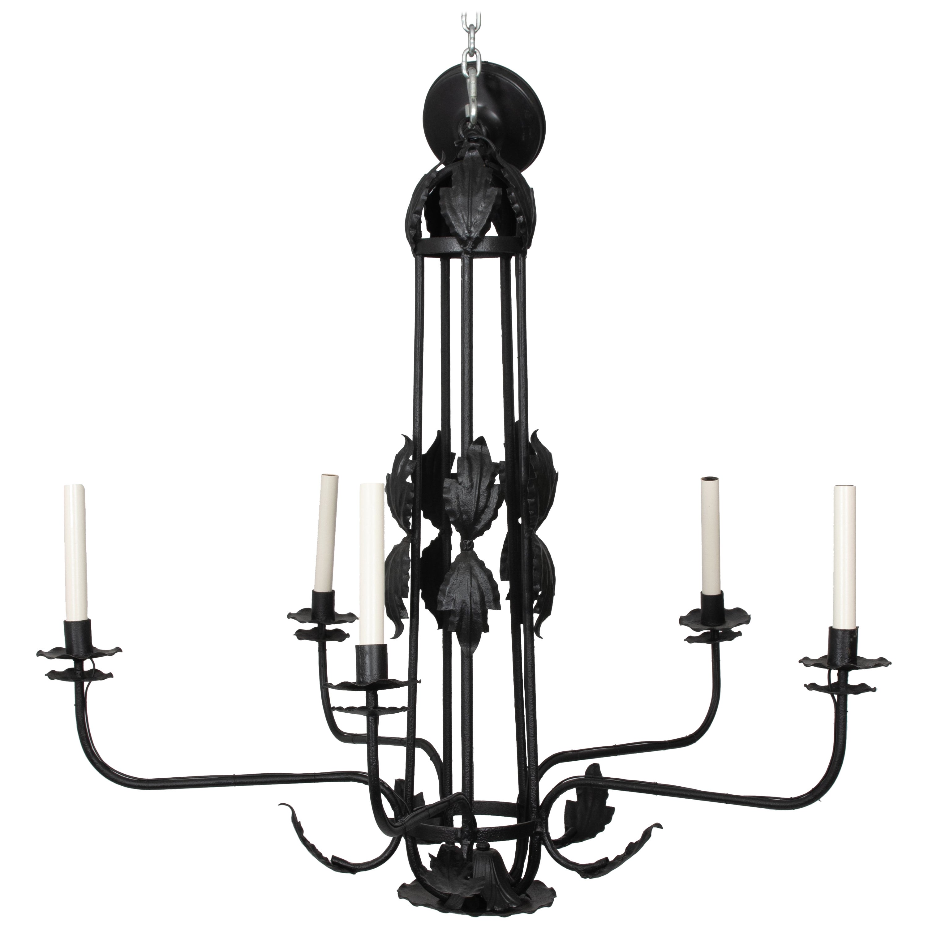 A Lovely French Black Wrought Iron Chandelier, Great Large Size5 Ft in