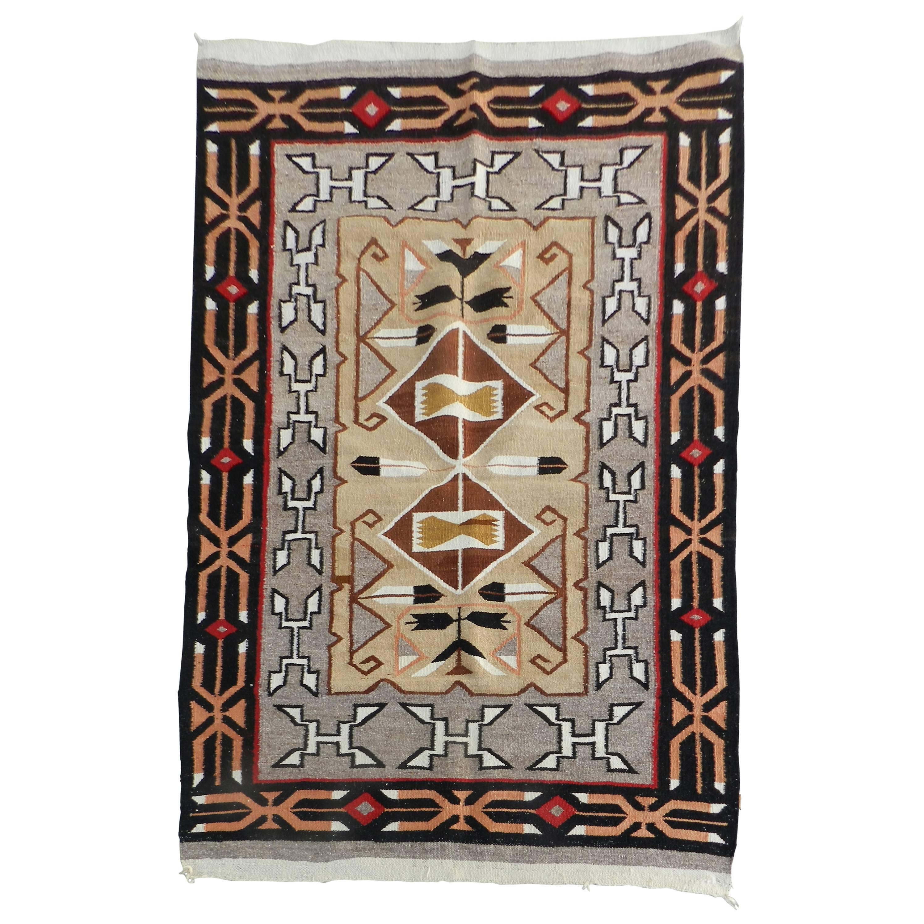 Very Pretty Old Navajo Trading Post Teec Nos Pos Rug with Feathers For Sale