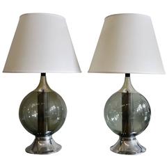 Pair of Chrome and Smoked Glass Table Lamps