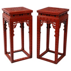 A Large Pair of 19th C. Chinese Red Cinnabar Lacquer 5-Claw Dragon Pedestals