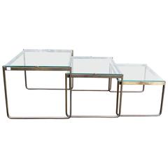 Nest of Three Tables with Gilded Bronze Structure and Glass Top, circa 1940