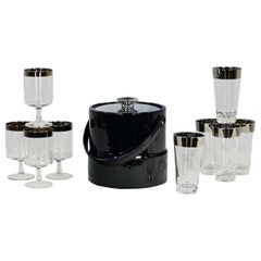 Dorothy Thorpe Allegro Style Set 5 Tumblers 4 Stems & Black Kraftware Ice Bucket