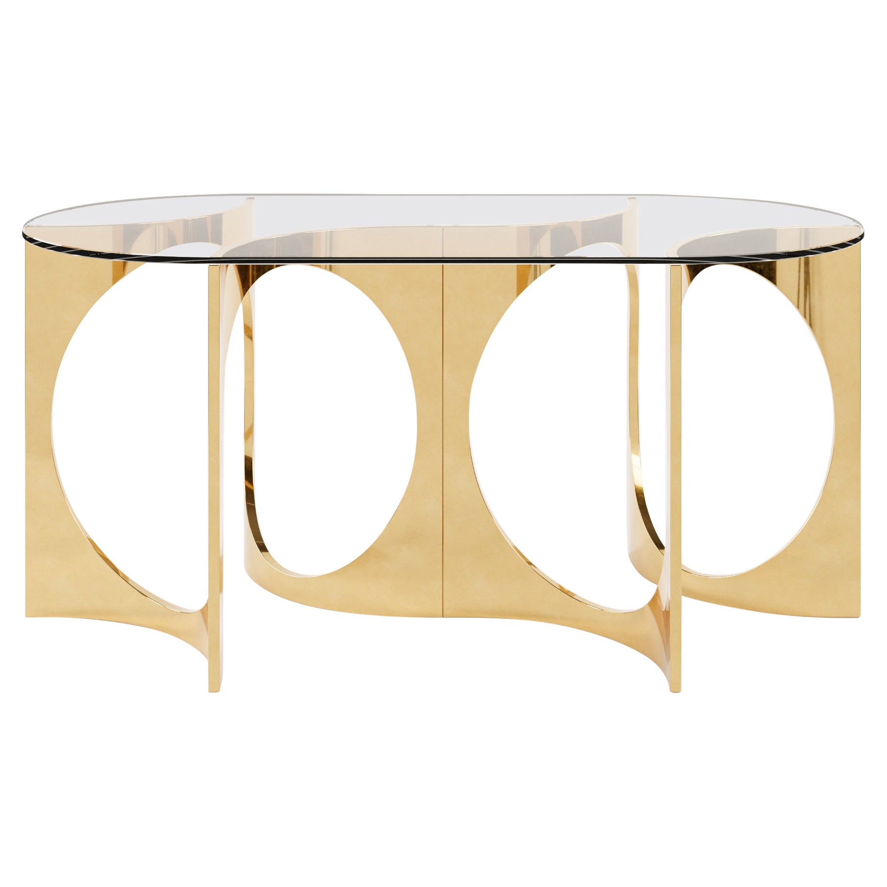 Ellipse Fuga Duo Console in Cast Bronze and Glass by Metamorphic Art Studio