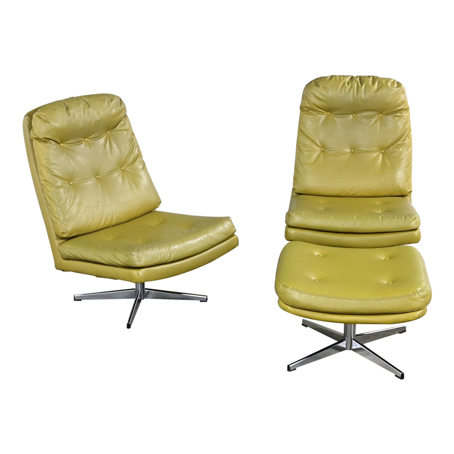 Pair Chartreuse Faux Leather Swivel Lounge Chairs & One Ottoman Style Overman