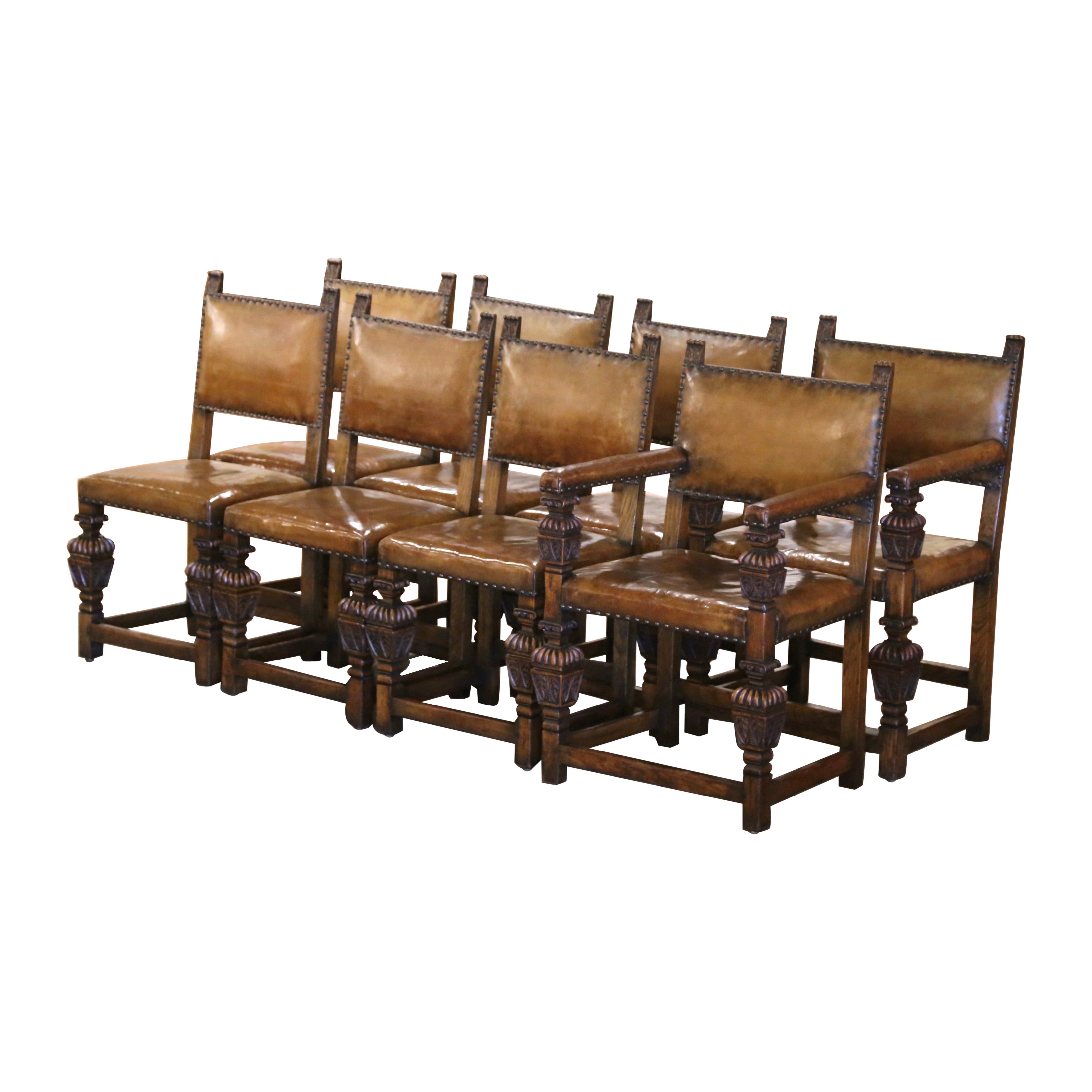 Chaises d'appoint et fauteuils de salle à manger en chêne sculpté et cuir du 19e siècle, ensemble de 8