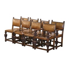 Chaises d'appoint et fauteuils de salle à manger en chêne sculpté et cuir du 19e siècle, ensemble de 8