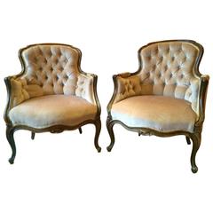 Antique Louis XV Style Pair of Armchairs French Button-Back Gold Edwardian