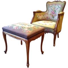 Antique Armchair French Mahogany Footstool Tapestry Victorian 19th Century