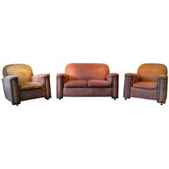 Art Deco Sofa and Two Armchairs Brown Suede Suite Settee