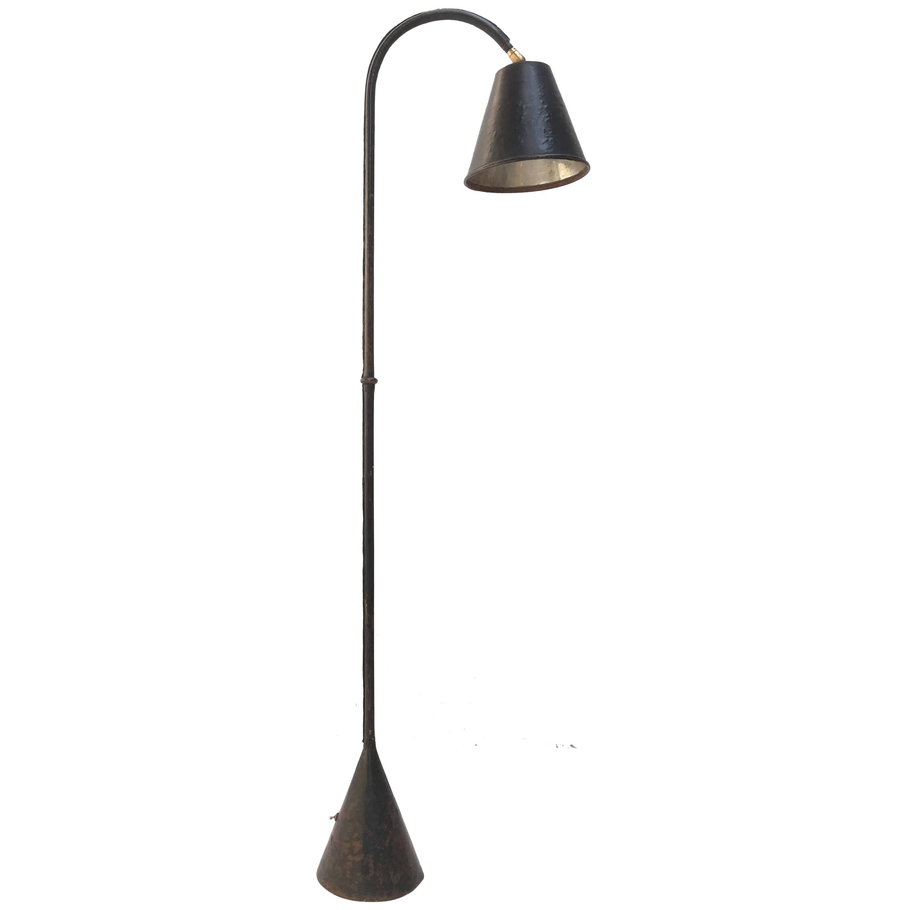 Jacques Adnet Floor Lamp, Original Saddle Stitched Leather & Brass Details, 1950