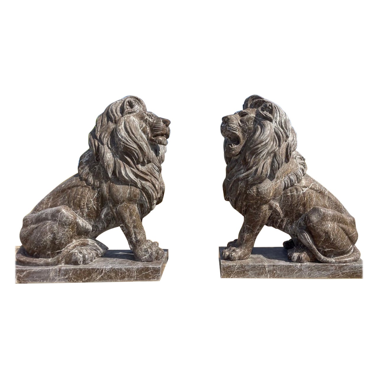 Carved Marble Seated Estate Lions For Sale