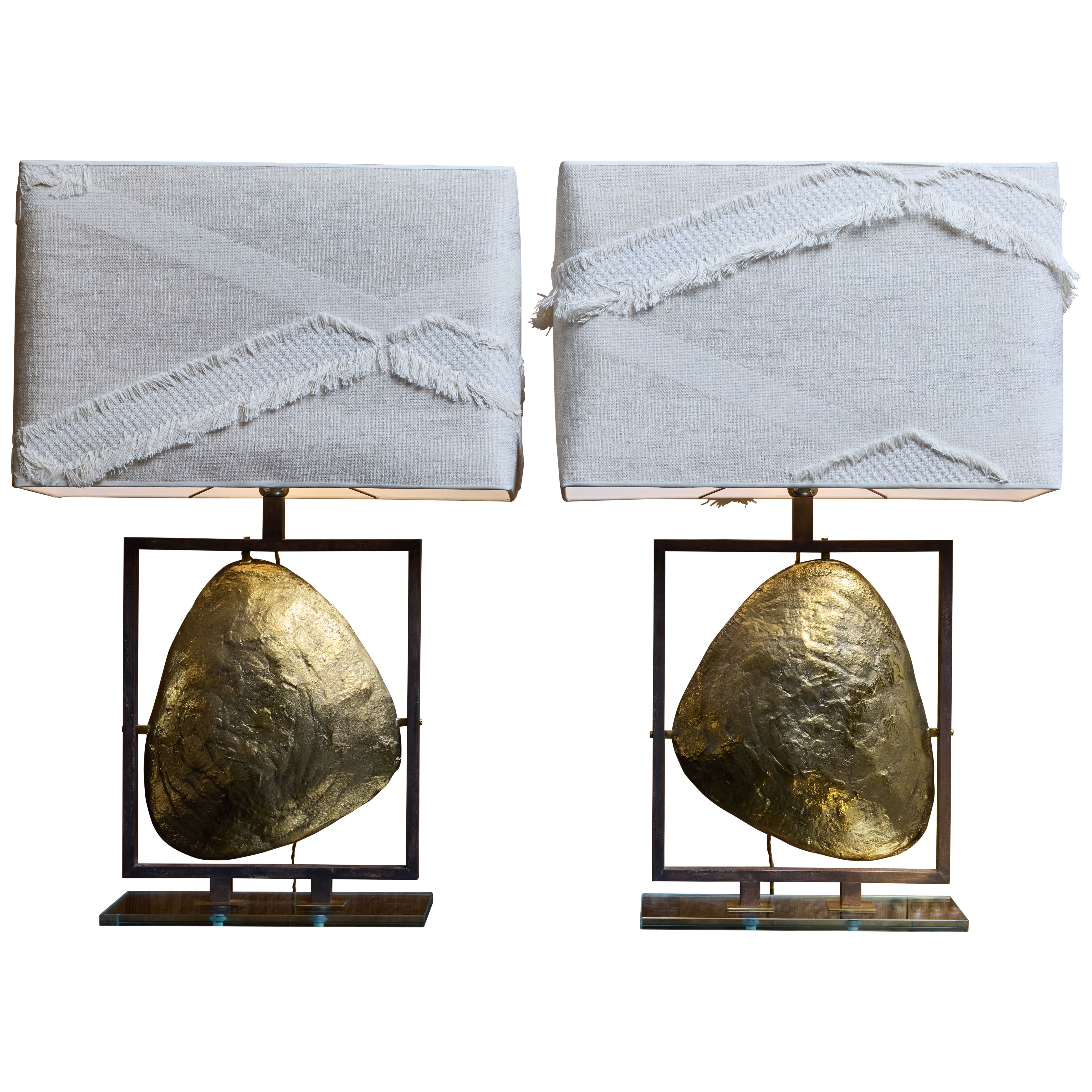 Pair of Brass Shield Table lamps with Glass Feet