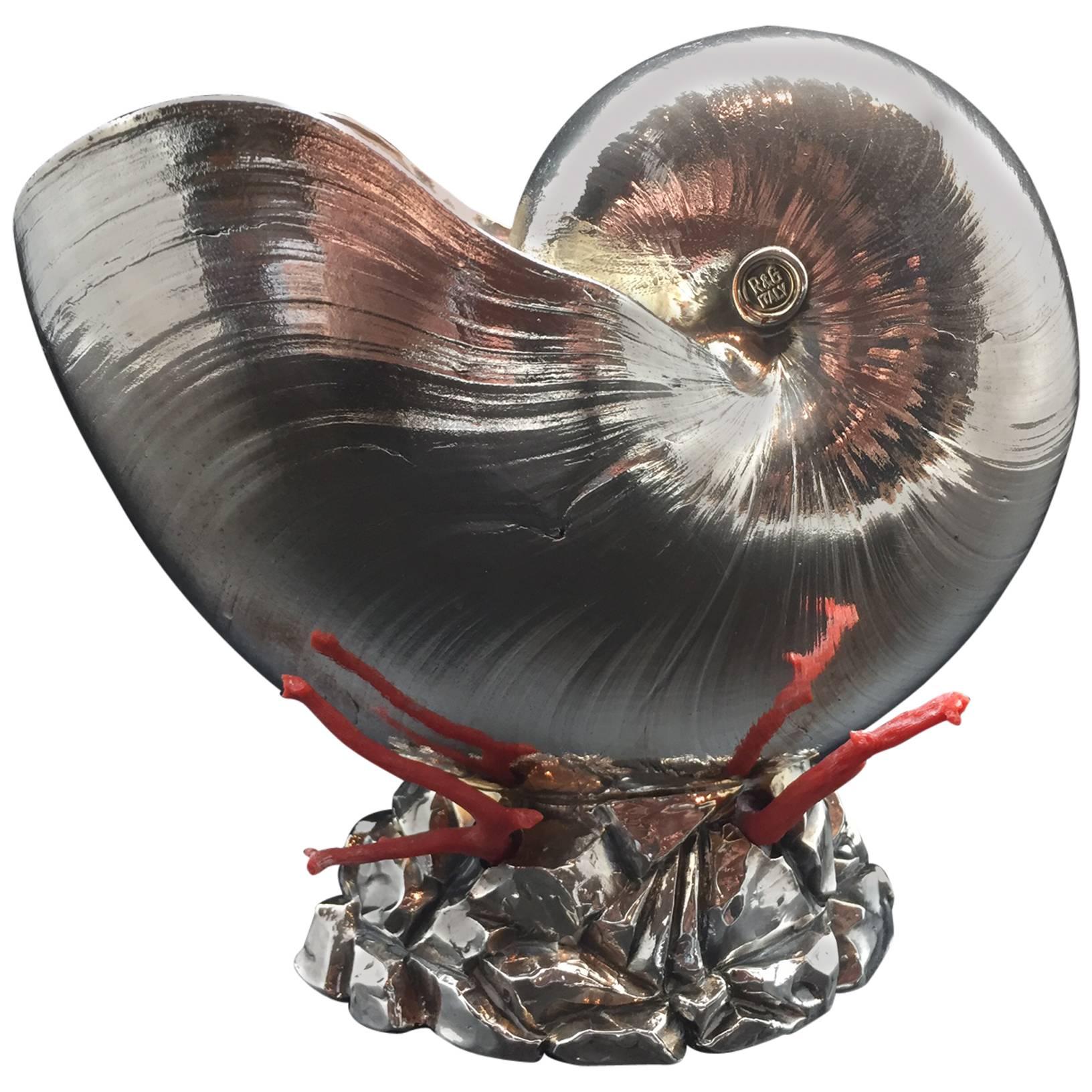 Italian Silver Coated Nautilus Shell on a Naturalistic Base with Red Coral