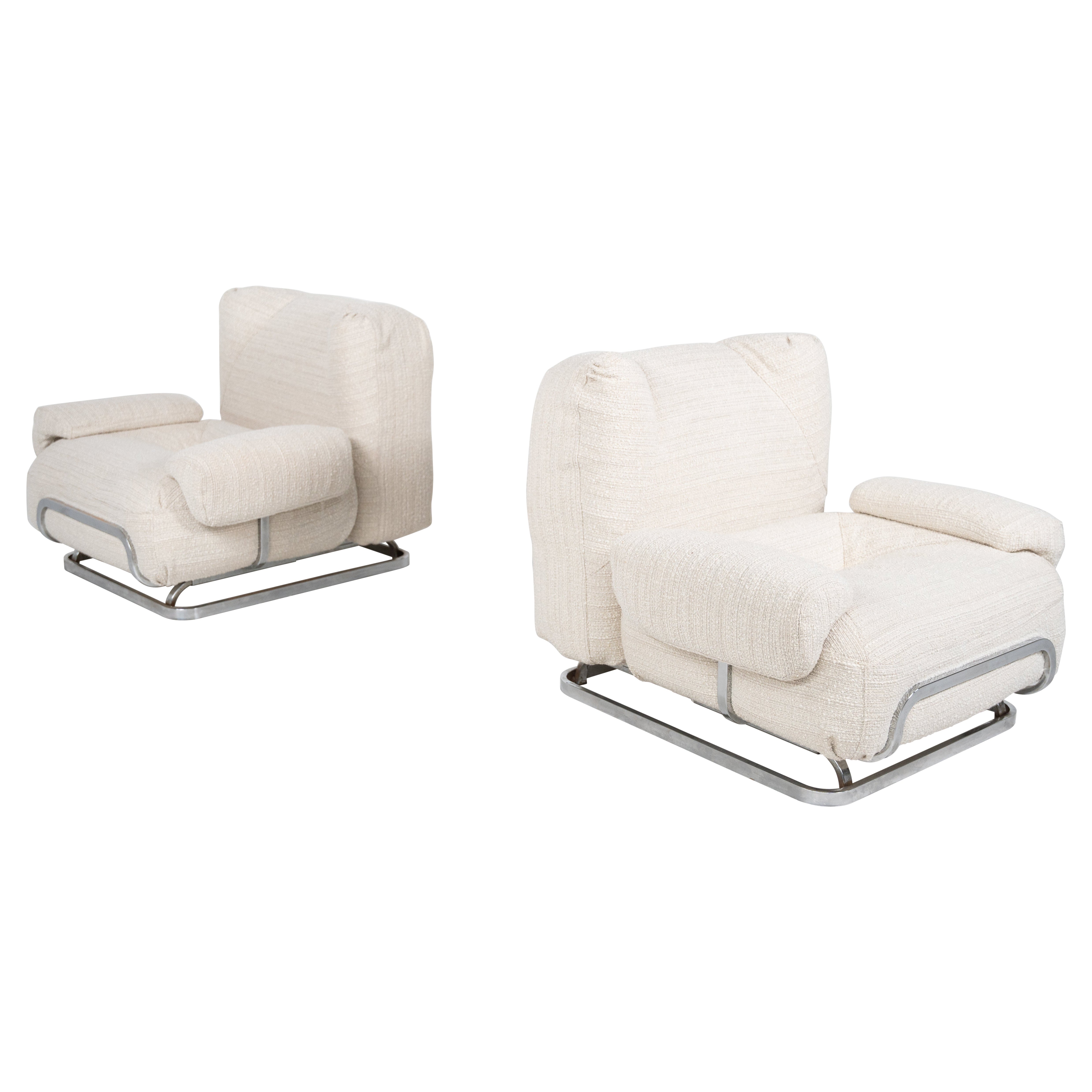 Mid-Century Modern Pair of Armchairs, Chrome and boucle Fabric - New Upholstery