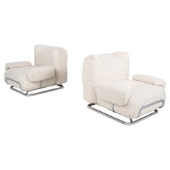 Mid-Century Modern Pair of Armchairs, Chrome and boucle Fabric - New Upholstery