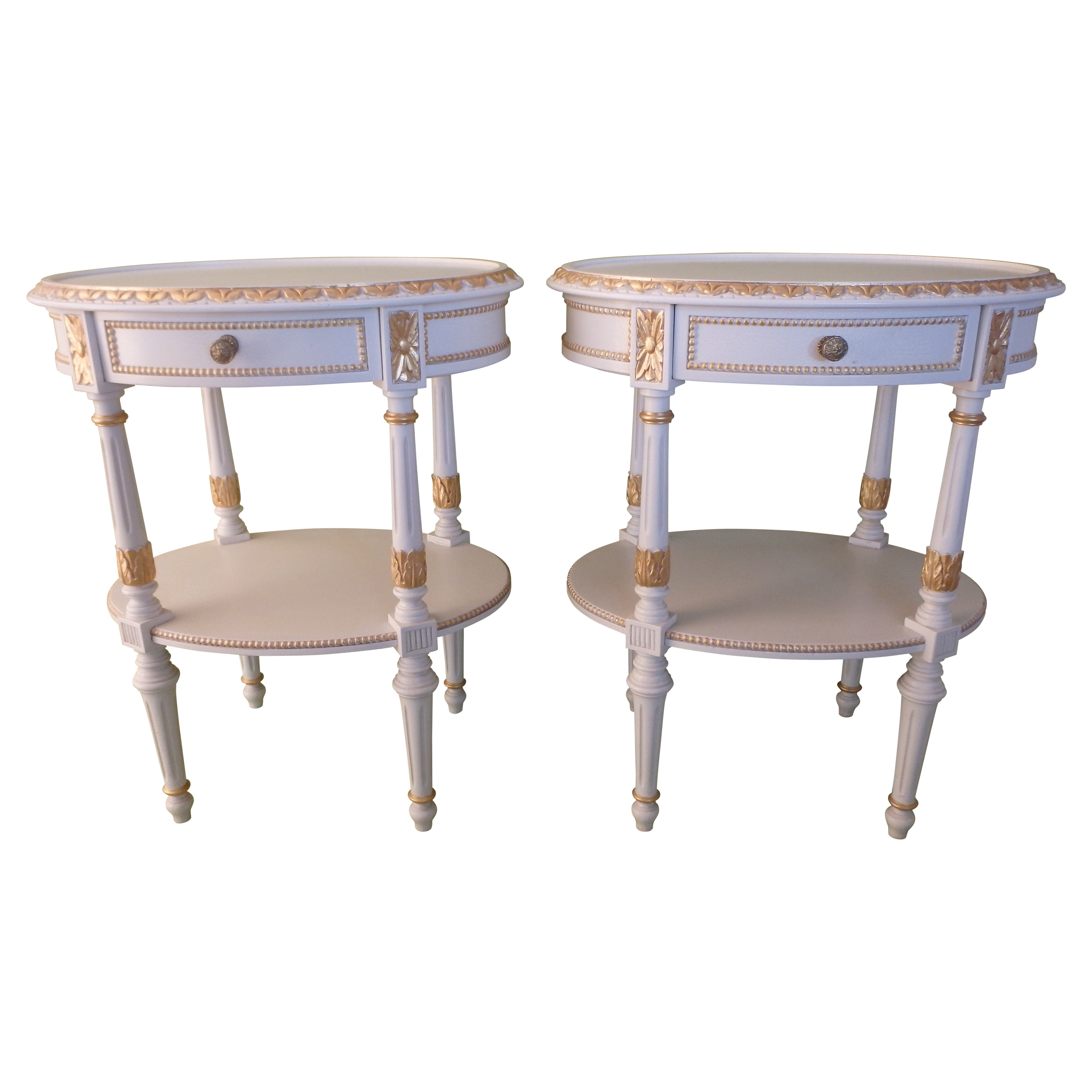 pair oval off white "craquelee" night stands with golden elements Emipre stile For Sale