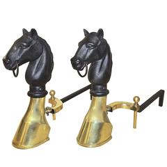 Vintage Pair of Brass and Cast Iron Horse Equestrian Andirons