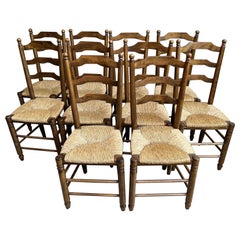 Set 10 Vintage French Ladder Back Oak Dining Chairs Rush Seat Vintage Country