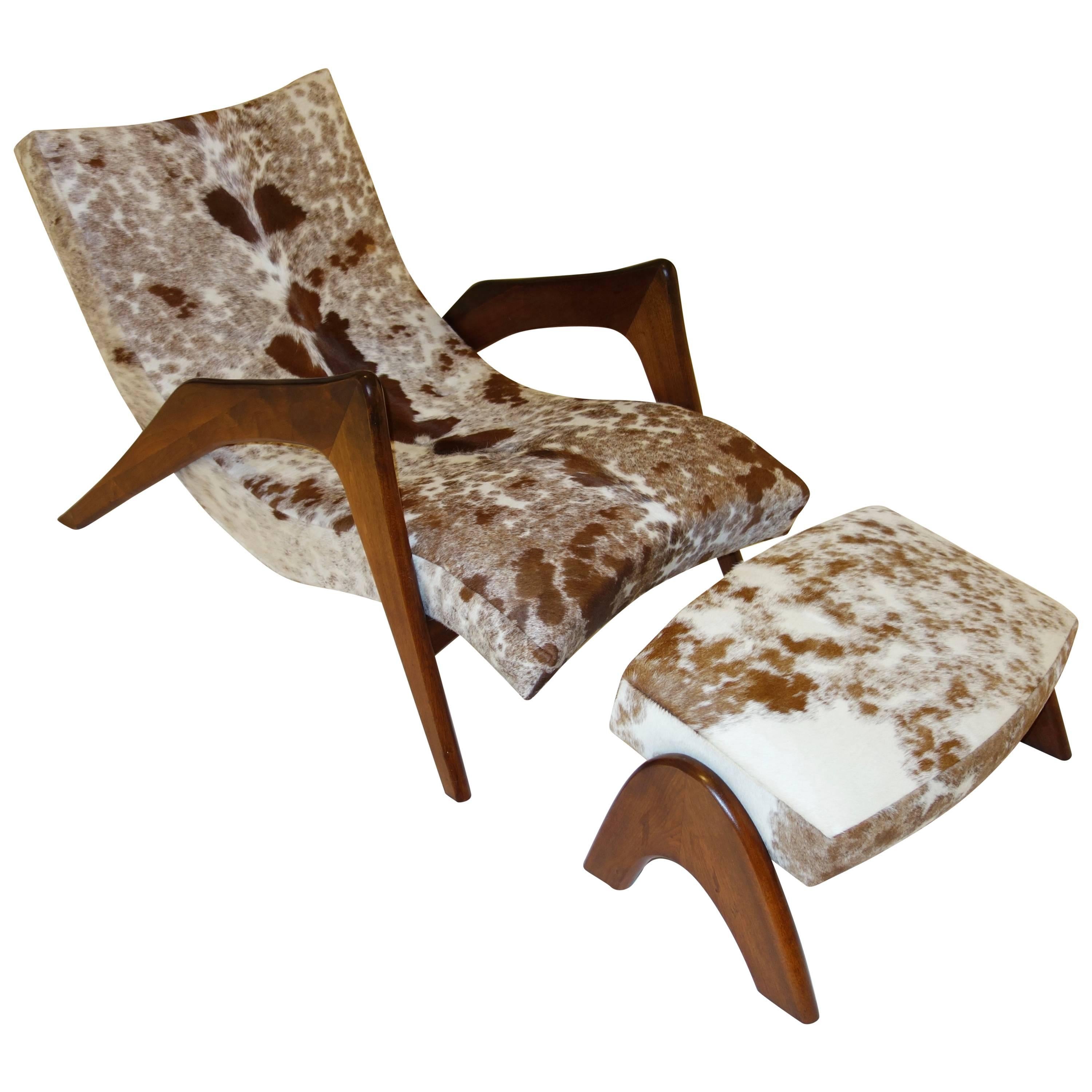Rare "Crescent" Lounge Chair and Ottoman by Adrian Pearsall in Cowhide