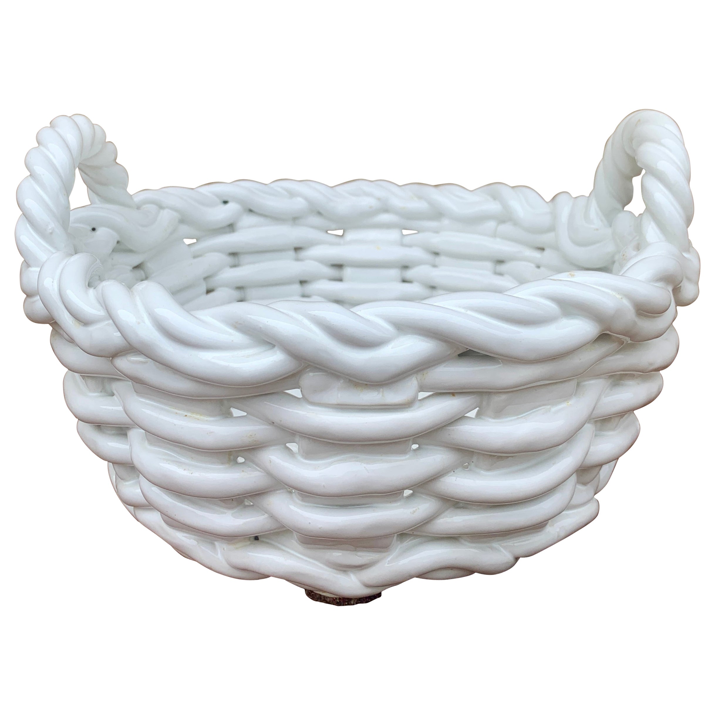 Italian White Ceramic Woven Cachepot Basket