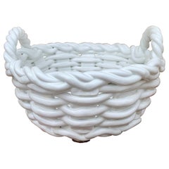 Italian White Ceramic Woven Cachepot Basket