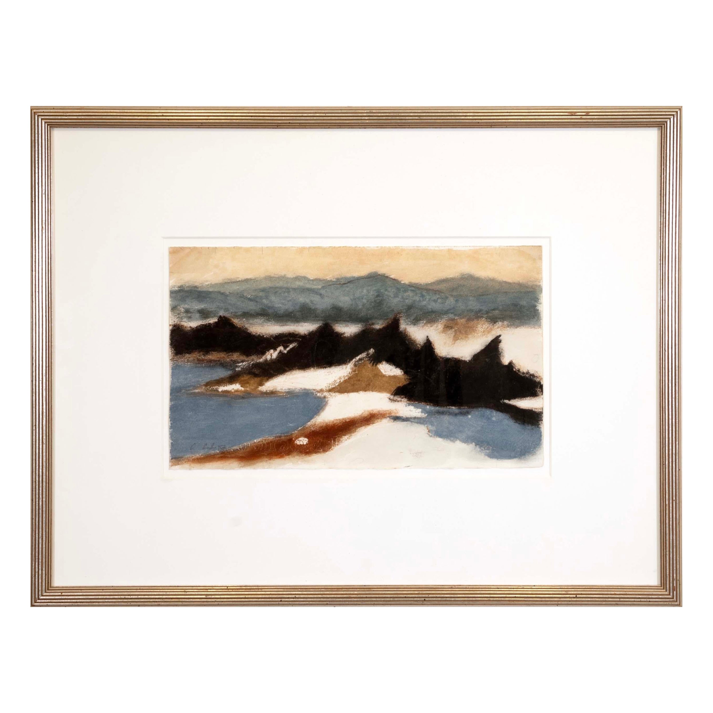 Charles Culver Firmado Mar y Montañas Moderno Dibujo al Pastel sobre Papel Enmarcado 1950