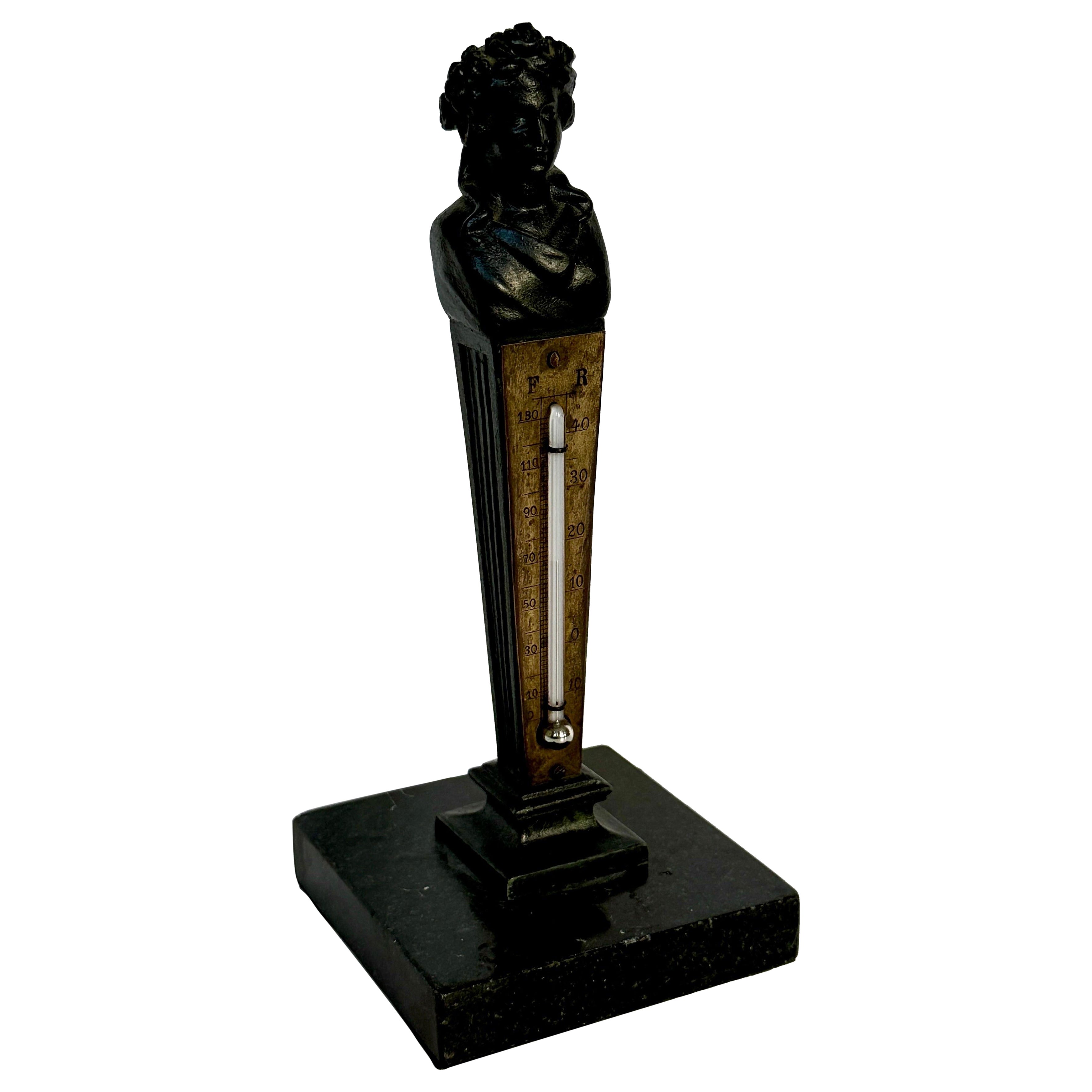 Bronze and Marble Sculpture With Bust Desk Thermometer