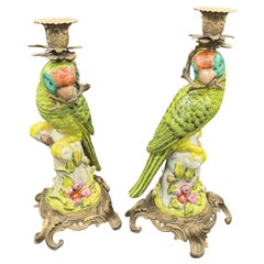 Pair of Porcelain Parrots Candle Holders
