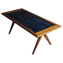 Oak and enamel table by Stig Lindberg for Nordiska Kompaniet, Sweden, 1950s
