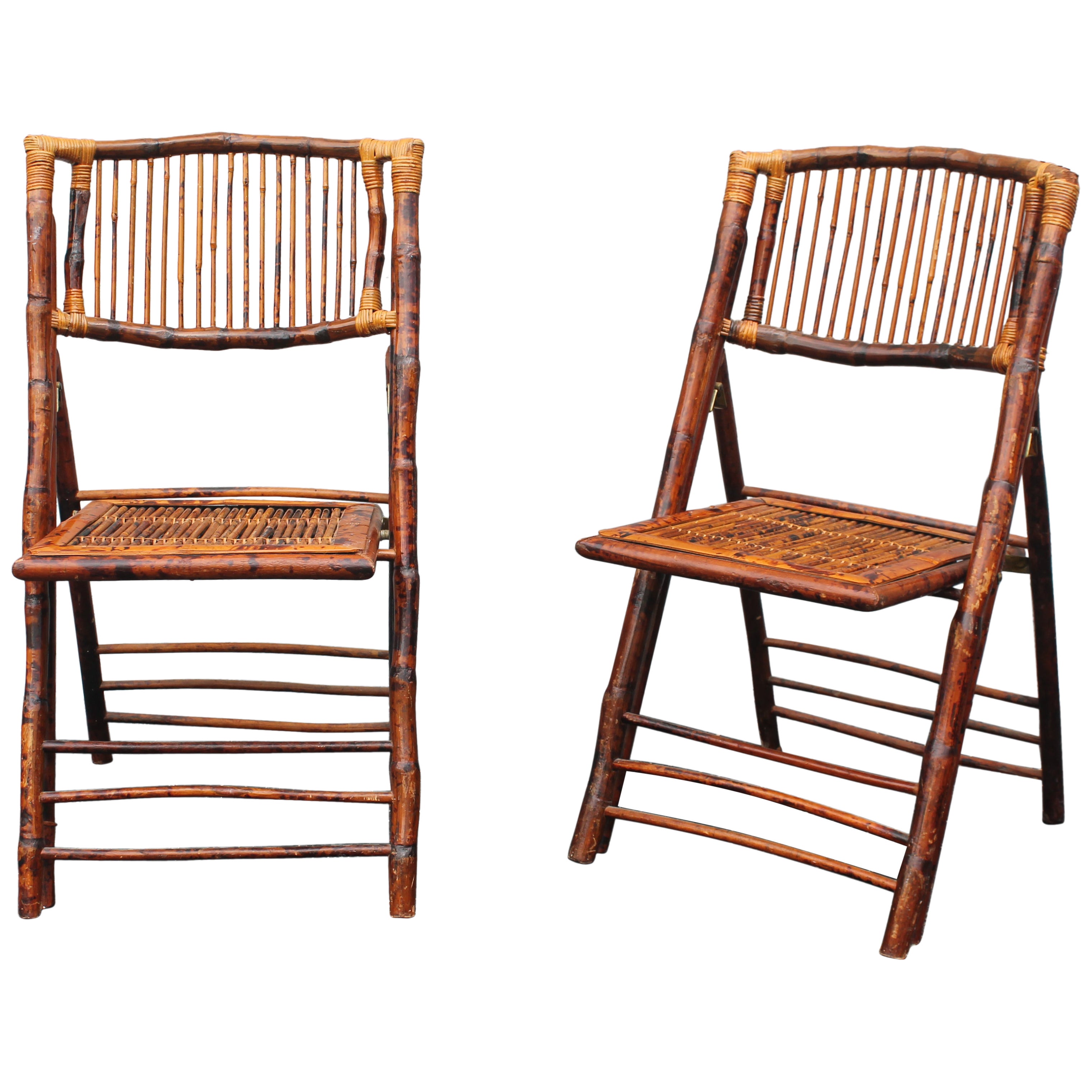 Pair 1940's Hollywood Regency Burnished Bamboo Folding Accent Chairs