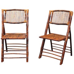 Pair 1940's Hollywood Regency Burnished Bamboo Folding Accent Chairs